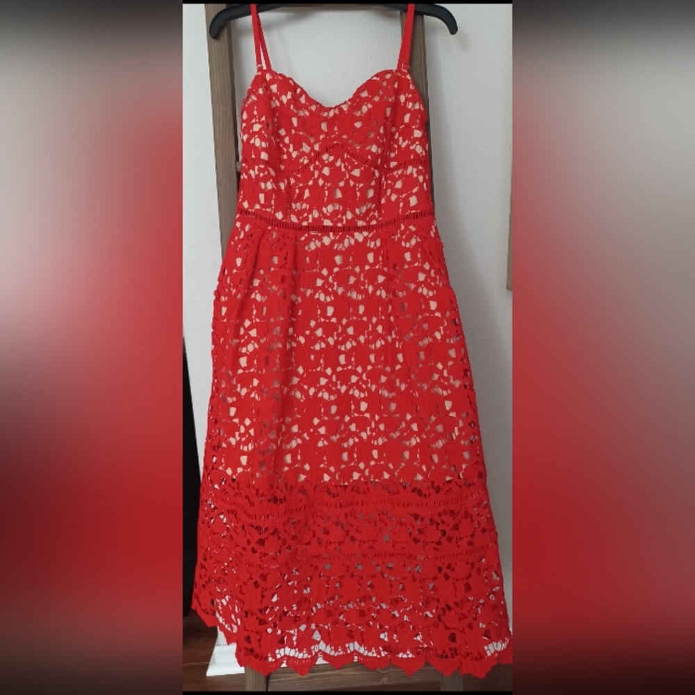 MODERNE CHILD: Red Crocheted Lace Midi Dress w/Removable Straps